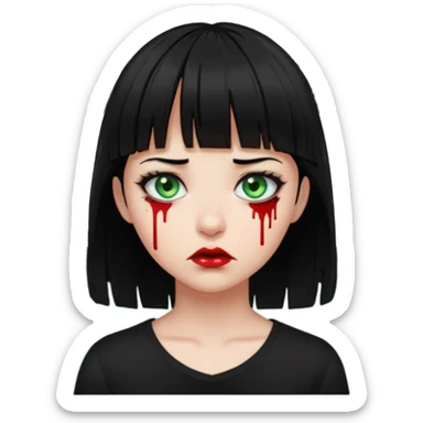 Guria com cabelo preto franjinha sangrando olhos verdes  fundo preto e um piercing bridgepiercing sticker