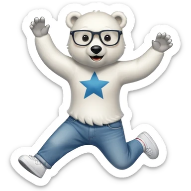 friendly anthropomorphised polar bear jumping and looking excited, wearing a shirt, jeans, trainers, star-shaped glasses sticker