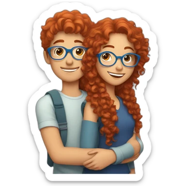 girl with curly red hair and blue glasses hugging a boy with brown hair sticker