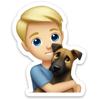 blond boy with blue eyes who hugs his Malinois tightly because he is afraid  sticker