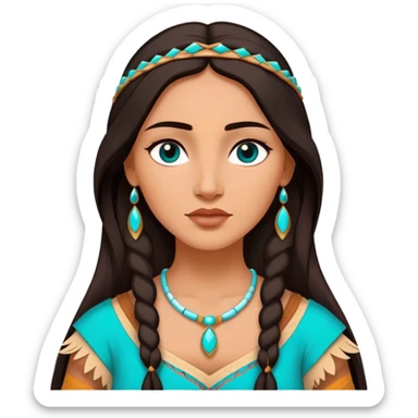 Cinematic Elegant Pocahontas Portrait Emoji, rendered in a realistic, vector-style with minimal shading and bold, simplified shapes. Depict Pocahontas (chest and above) with warm, sun-kissed skin, long, flowing dark hair, and gentle, wise eyes, wearing traditional attire in earthy tones with hints of turquoise. The image glows with a soft, natural radiance and high shine, embodying timeless indigenous beauty. sticker