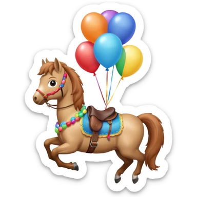 A small pony holding colorful balloons tied to its saddle, looking cheerful. sticker