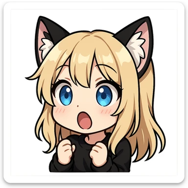chibi anime catgirl with black and white cat ears, blonde hair, blue eyes, white skin, cute, surprised expression, Twitch emote sticker