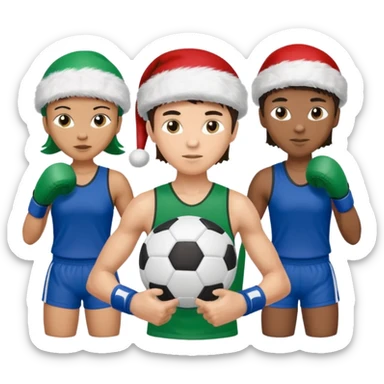 crie a imagem de 3 atletas de modalidades diferentes, usando elementos esportivos, como por exemplo bola de futebol, luvas de luta e bola de vôlei... e usando um chápeu de papai noel das cores verde e azul. sticker