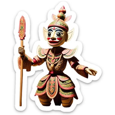 Golek Ayun-ayun – Cinematic Realistic Wayang Golek Ayun-ayun, depicted as an intricately carved traditional wooden puppet with vibrant painted details and expressive features, set on a dimly lit stage with dramatic shadows that evoke centuries of Indonesian theatrical heritage, rendered with lifelike textures and subtle ambient glow. sticker