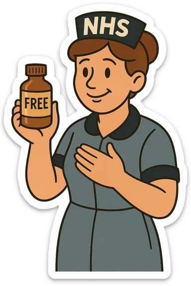 A nurse wearing a nurses hat with the letters NHS written on the hat.  The nurse looks caring and is holding a medicine bottle.  The medicine bottle has a label on it saying 'free' sticker