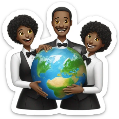 3 people in tuxedo laughing with their palms raised behind a miniature earth sticker