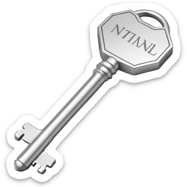 small silver metal key with hexagonal head and the word NATIONAL engraved, clean lines, soft silver tone, minimalistic and precise sticker