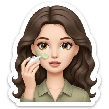 A white Barbie girl with long dark brown wavy hair in pale olive clothes smears by hand cosmetic cream on her face sticker