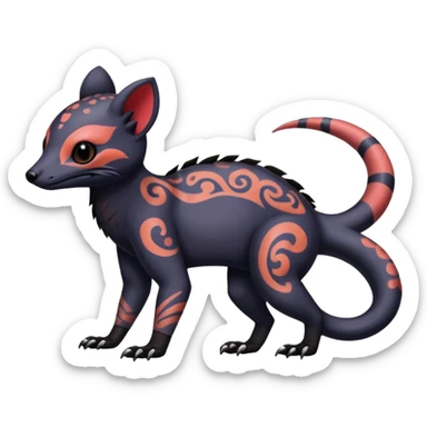 Rare warm-colored exotic gloomy tropical edgy cute epic aesthetic spooky  gothic colorful Salandit-Noibat-Civet-species-Fakemon-hybrid-creature, with tribal tattoo markings, full body sticker