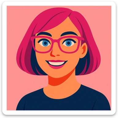Make her look younger, no fringe on the pink bob haircut, add pink glasses and blue eyes, keep pink salt background, vibrant toon style sticker