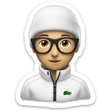 Un garçon blanc ,à das lunettes de ski, il a les cheveux noirs et survetement de lacoste sticker