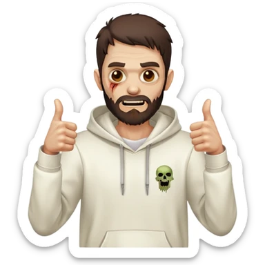 zombie with thumbs up gesture wearing plain white hoodie with no designs, dark brown hair and short full beard sticker