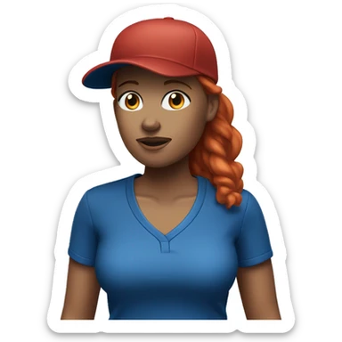 female coach standing up with red hair in blue shirt and with a blue baseball hat sticker