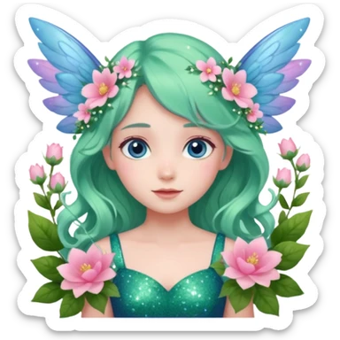 Una ragazza datata, occhi azzurri rosati dolci e aperti, vestito verde come la natura co  altri elementi e fiori rosa, deve avere le ali azzurrine,decorati con fiori e con glitter. O capelli di colore rosa chiaro con in acconciature tipica delle fate, capelli mossi e lunghi sticker