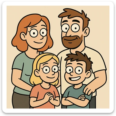 a cartoon family in flat toon style, bold lines sticker