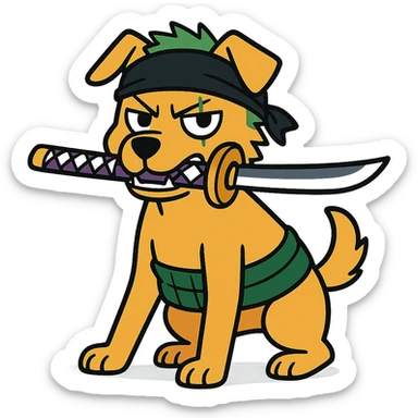 dog as Zoro from One Piece, holding a sword in mouth, green haramaki, anime style sticker