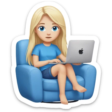 Cinematic realistic blonde with long hair, blue eyes, dressed in a T-shirt, sits in a soft, cozy armchair with a computer on her lap sticker
