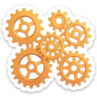 3D style icon of three metallic cogs, no computer, arranged in a square composition, techy and modern sticker
