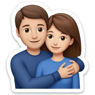 "Man with short brown hair that doesn’t reach the nape and fair skin, hugging a woman with long brown hair and fair skin, both smiling."
 sticker