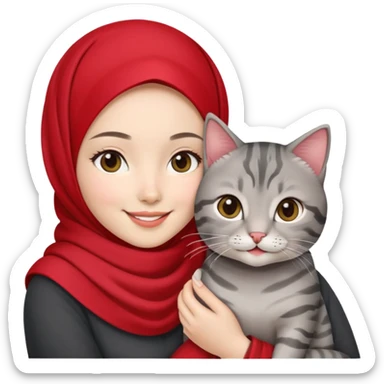 Asian White girl wearing red hijab holding a black grey tabby cat while smiling sticker