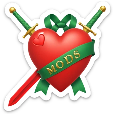 a red heart pierced by a green sword, with the text 'MODS' on a white ribbon sticker