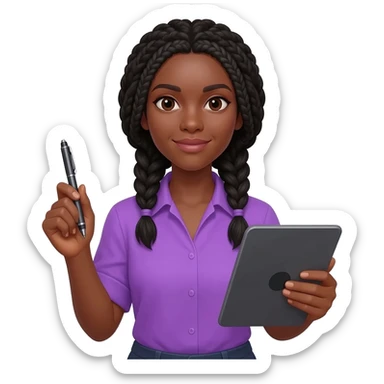Émoji représentant une femme peau marron avec des longues nattes noires, une belle chemise violette, tenant un stylo digitale et une tablette digitale dans l'autre sticker