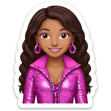 Mya, R&B Singer with dark brown long hair, pink sequin outfit sticker