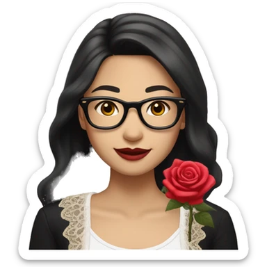 Asian girl, smiling with teeth, fair skin, black long hair, black eyes, black glasses with gold frames, red lipstick, wearing a white lace tank top and a black office jacket on top, with pink and red roses around her. sticker