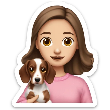 brown haired white girl with pink pullover holding a brown merle dachshund sticker