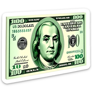 3D realistic US 100 dollar bill sticker, slight perspective, centered, clean cutout, transparent background, no text, no watermark sticker