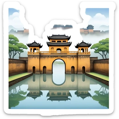 Cinematic Realistic Imperial City of Hue Landmark Emoji, capturing the ancient citadel’s weathered walls, intricate gates, and traditional Vietnamese architecture, surrounded by a misty, tranquil moat. sticker
