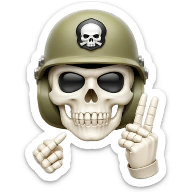 A bold emoji-style (bodyless) white skull wearing a realistic modern army helmet, making a shushing gesture (index finger bone held up to mouth area). Clean vector style,modern emoji aesthetic.The helmet has detailed realistic texture. sticker