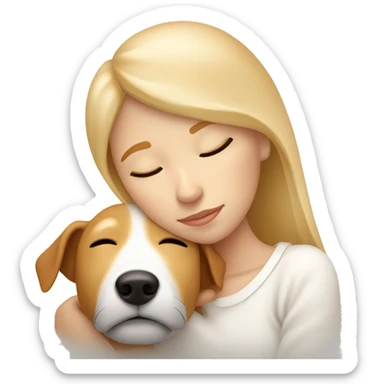 White blonde girl who sleeping in bed and cuddle with her jack russel who have is full light brown / light orange  colour sticker