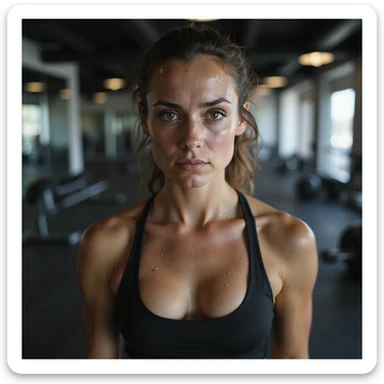 hyperrealistic 4K image of a woman training hard in a gym, sweat on forehead, tired expression, fitness environment sticker
