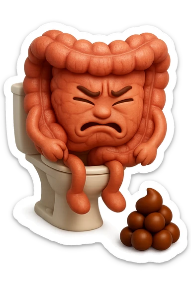 SU QUESTO STILE FAI UN EMOJI STILE IPHONE 3D DI UN INTESTINO CHE sta seduto sul wc e davanti ha una montagnetta di feci a palline stile emoji iphone, FAGLI UN ESPRESSIONE di dolore mentre si sforza E FALLO MOLTO REALISTICO IN 3D sticker