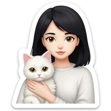 a light pink vibes cute girl with black medium hair and her white fluffy cat sticker