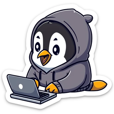 A cute penguin wearing a cozy hoodie typing on a computer keyboard sticker