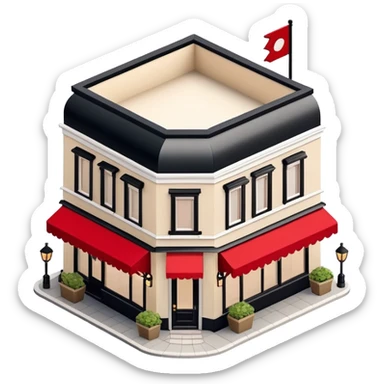 Isometric exterior little black, beige, and white fancy restaurant dollhouse style 3D realistic  sticker