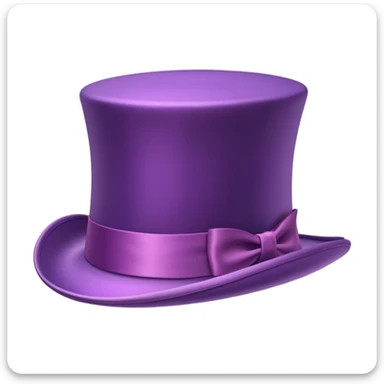 3D emoji of a vintage purple top hat, tall and smooth, with a shiny satin ribbon, wide brim, whimsical and elegant, inspired by Willy Wonka, Apple-style cartoon, soft shadows, white background. sticker