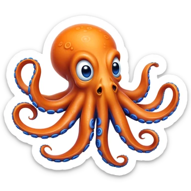 Cinematic Realistic Comical Octopus Portrait Emoji, Head tilted dramatically with an exaggeratedly amused expression, featuring a striking, glossy orange body adorned with bold blue rings and wide, expressive eyes brimming with playful disbelief; rendered with vivid natural textures and dynamic highlights, high shine, dramatic yet playful, styled with an air of cheeky ocean mischief, soft glowing outline, capturing the essence of a spirited and over‐the‐top octopus that looks ready to squirt ink its way into viral fame! sticker