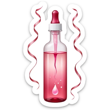 Translucent reddish-pink dropper bottle with white cap and minimal label, glowing softly. Floating in a faint red aura with swirling light ribbons and tiny peeling sparks lifting upward. by shimmer flakes, symbolizing cell renewal. Feels like a silky exfoliation elixir sealed in a potion vial  sticker