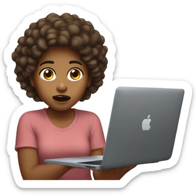 panicked girl with frizzy brown hair sitting down and holding a macbook laptop. sticker