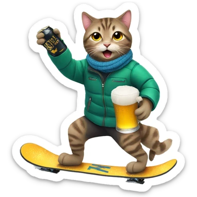 Cat snowboarding with a beer  sticker