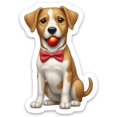Dog with a bowtie on eating an apple sticker