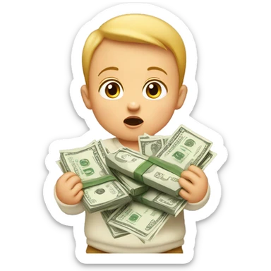 A surprised baby holding loads of money sticker