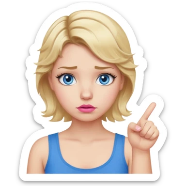 Girl Blonde short wavy hair,  blue eyes, cute blue top, long lashes, pink lips, showing thumbs down 👎  sticker