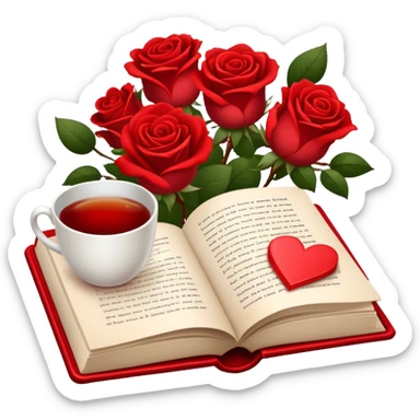 Icon for Romance Reading: an open book with a heart-shaped bookmark, surrounded by roses, a love letter, and a cup of tea. The icon should evoke the warmth, passion, and emotional depth of a love story. Transparent background sticker