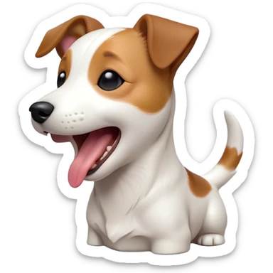 Cinematic Cute Yawning Jack Russell Terrier Portrait Emoji, Head tilted slightly with a dramatic, wide-open yawn, showcasing a compact, energetic form with floppy ears and sleepy, half-closed eyes, a slightly open mouth revealing gentle canine charm, Simplified yet irresistibly adorable features, highly detailed, glowing with a soft, cozy glow, high shine, relaxed yet expressive, stylized with a dash of whimsical canine ease, soft glowing outline, capturing the essence of a drowsy yet affectionate Jack Russell Terrier that appears ready to stretch out and yawn its way out of the screen! sticker