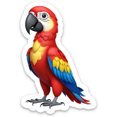 cinematic-macaw-realistic-full-body-standing-emoji,-vibrant-feathers-glowing-with-rich-reds,-blues,-and-yellows,-head-tilted-dramatically,-curved white-beak-gleaming,-piercing-dark-eyes-exuding-confidence,-simplified-yet-realistic-focused sticker